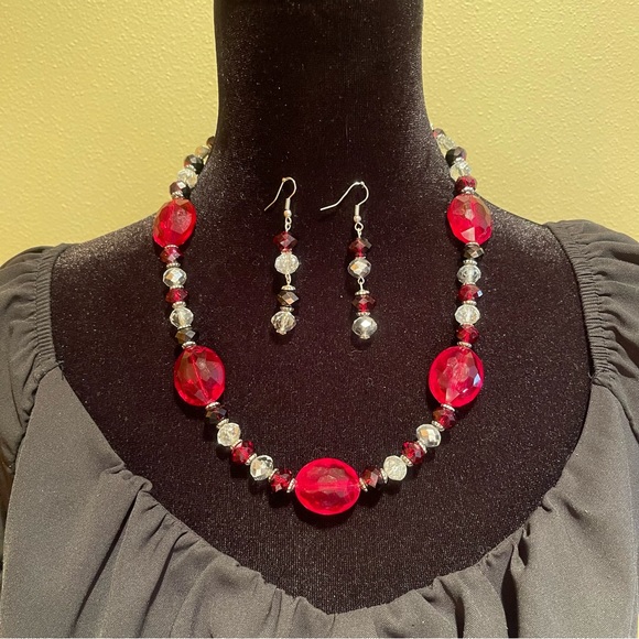 Y2k Ruby crystal beaded necklace set - Picture 1 of 5
